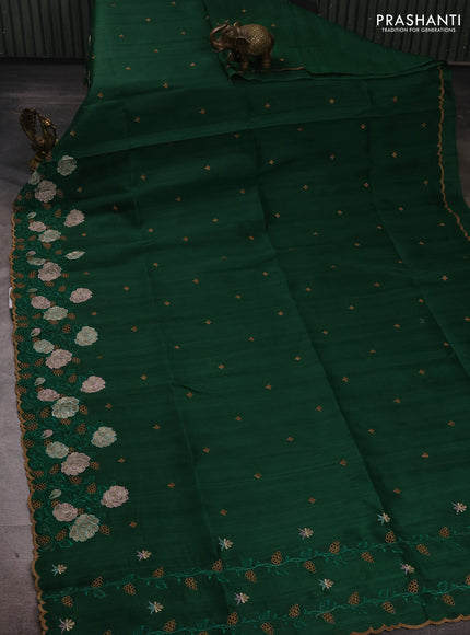 Bottle Green Semi Raw Silk Saree - Embroidery Work