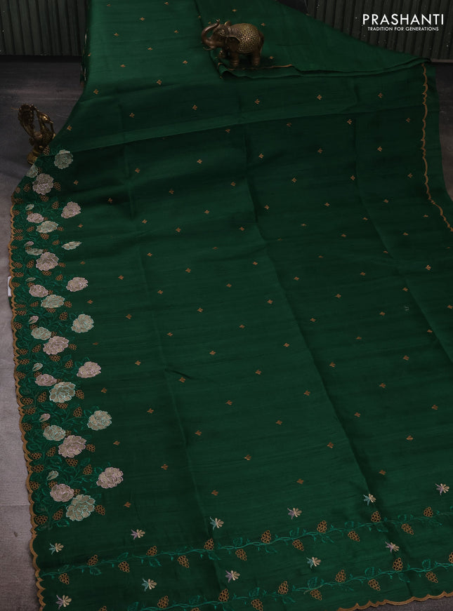 Bottle Green Semi Raw Silk Saree - Embroidery Work