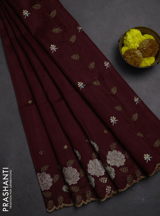 Deep Maroon Semi Raw Silk Saree - Embroidery Work