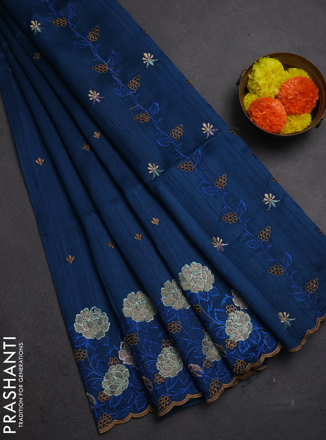 Peacock Blue Semi Raw Silk Saree - Embroidery Work