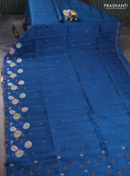 Peacock Blue Semi Raw Silk Saree - Embroidery Work