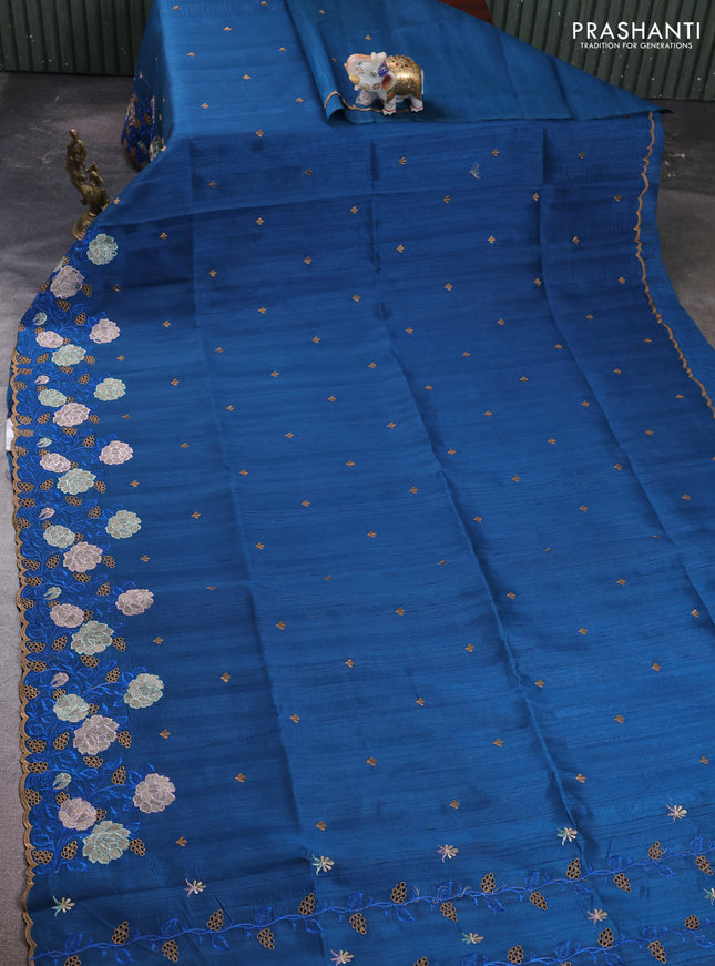 Peacock Blue Semi Raw Silk Saree - Embroidery Work
