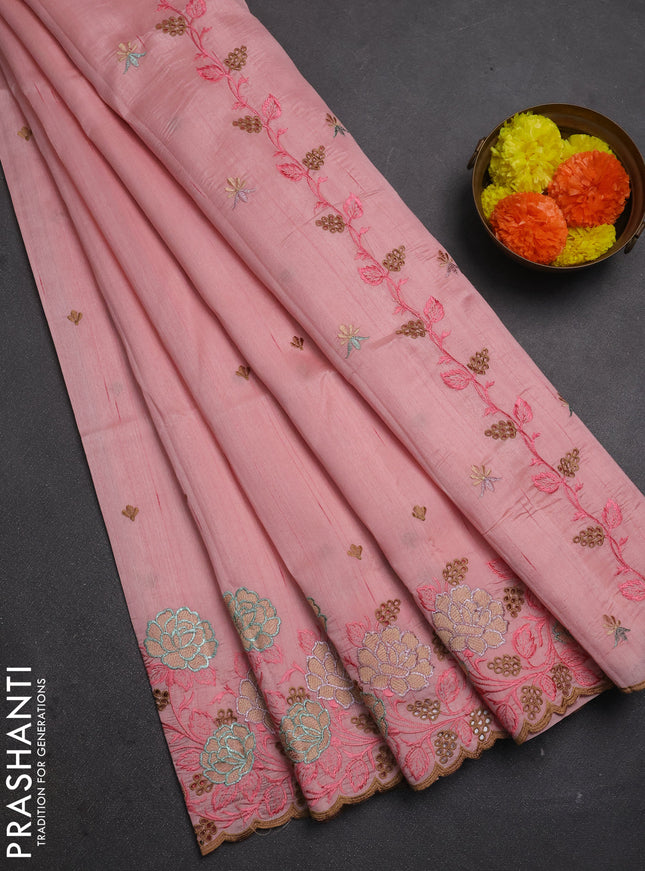 Peach Shade Semi Raw Silk Saree - Embroidery Work