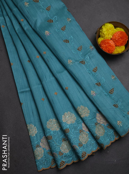 Teal Blue Semi Raw Silk Saree - Embroidery Work