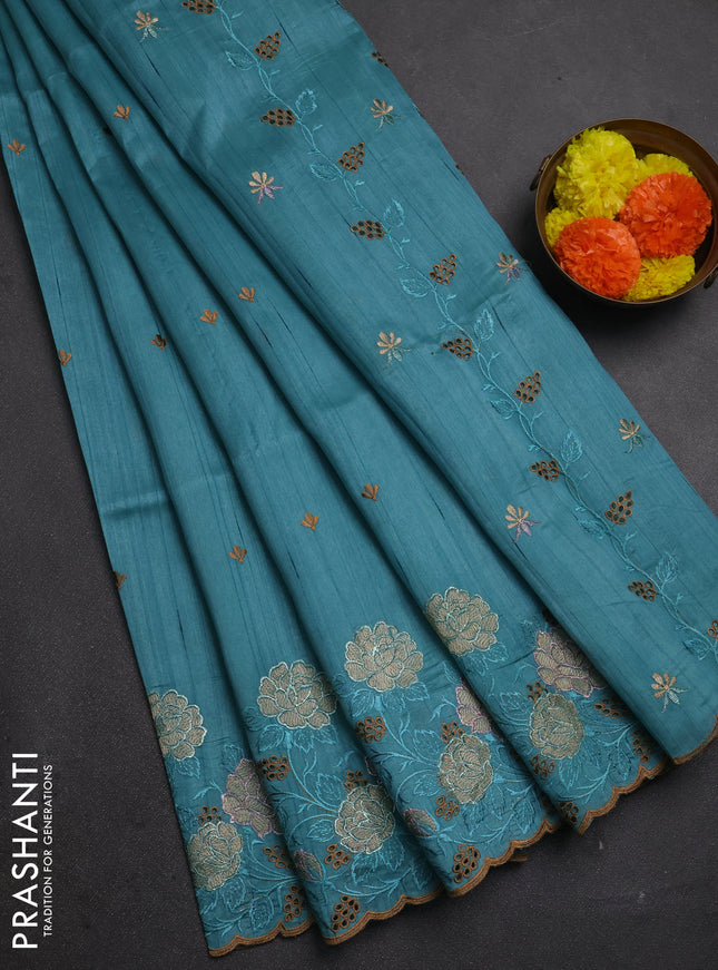 Teal Blue Semi Raw Silk Saree - Embroidery Work