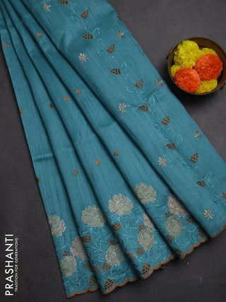 Teal Blue Semi Raw Silk Saree - Embroidery Work