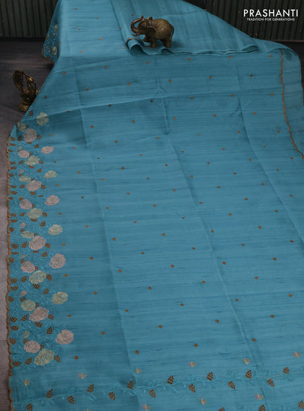 Teal Blue Semi Raw Silk Saree - Embroidery Work