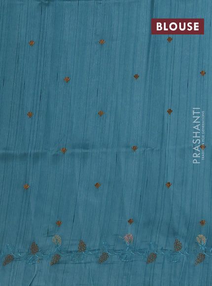 Teal Blue Semi Raw Silk Saree - Embroidery Work