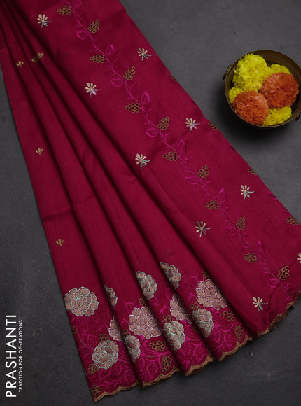 Dark Pink Semi Raw Silk Saree - Embroidery Work