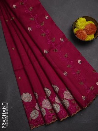 Dark Pink Semi Raw Silk Saree - Embroidery Work