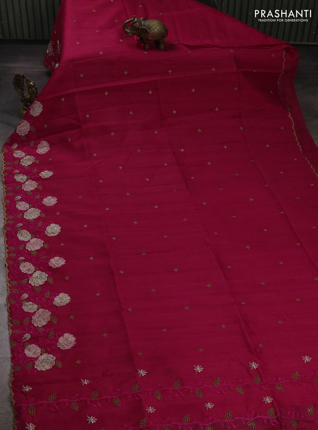 Dark Pink Semi Raw Silk Saree - Embroidery Work
