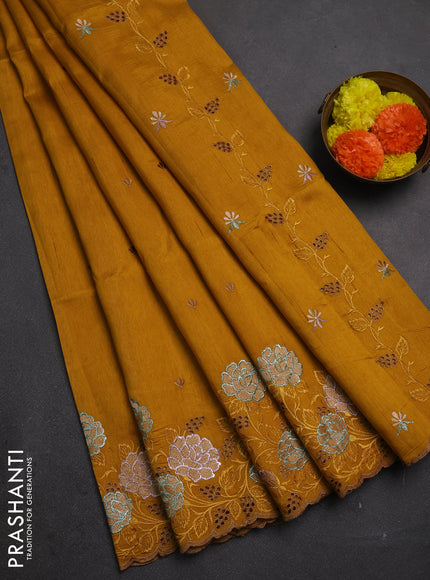 Dark Mustard Semi Raw Silk Saree - Embroidery Work