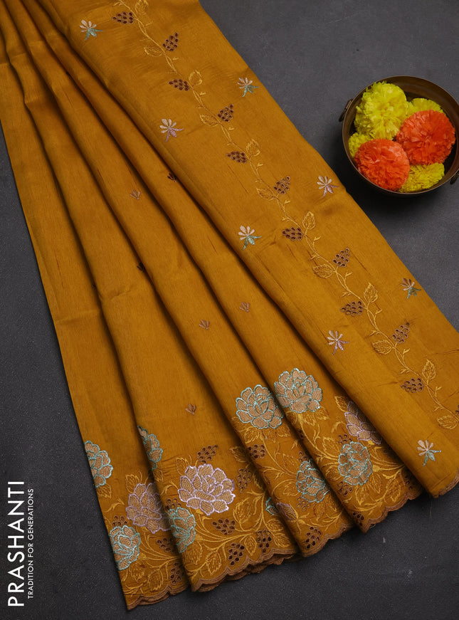Dark Mustard Semi Raw Silk Saree - Embroidery Work