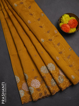 Dark Mustard Semi Raw Silk Saree - Embroidery Work