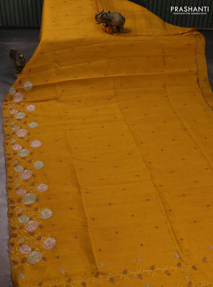 Dark Mustard Semi Raw Silk Saree - Embroidery Work
