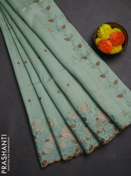 Pastel Green Semi Raw Silk Saree - Embroidery Work