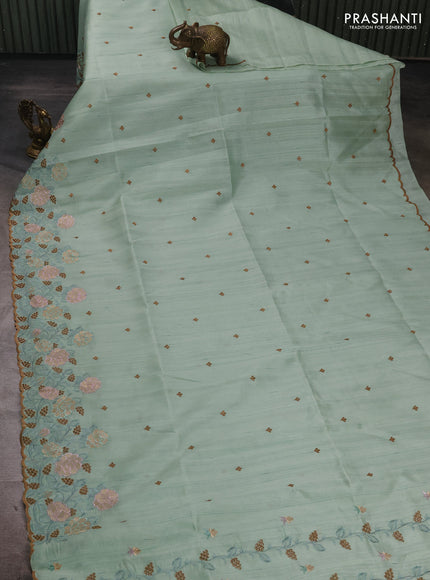 Pastel Green Semi Raw Silk Saree - Embroidery Work