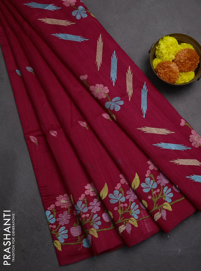 Dark Pink Semi Raw Silk Saree - Embroidery Work