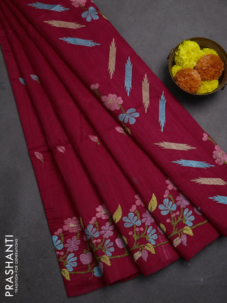 Dark Pink Semi Raw Silk Saree - Embroidery Work