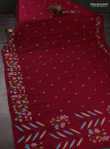 Dark Pink Semi Raw Silk Saree - Embroidery Work