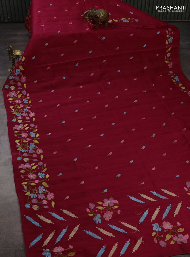 Dark Pink Semi Raw Silk Saree - Embroidery Work
