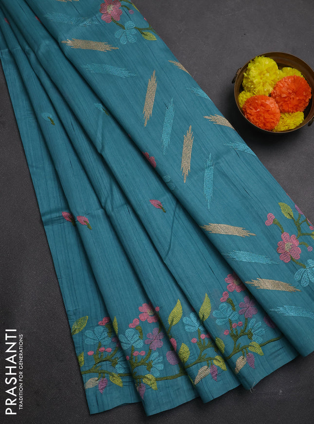 Teal Blue Shade Semi Raw Silk Saree - Embroidery Work