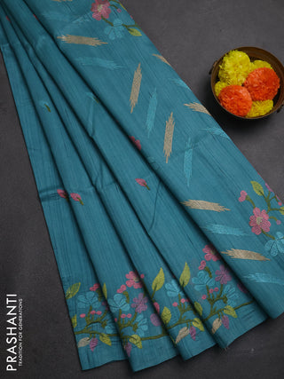 Teal Blue Shade Semi Raw Silk Saree - Embroidery Work