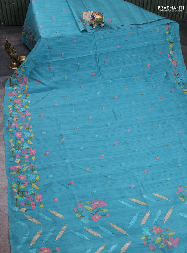 Teal Blue Shade Semi Raw Silk Saree - Embroidery Work