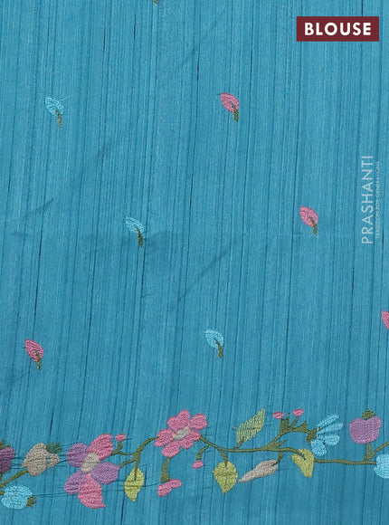 Teal Blue Shade Semi Raw Silk Saree - Embroidery Work