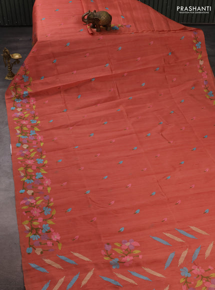 Dark Peach  Semi Raw Silk Saree - Embroidery Work