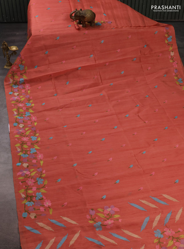 Dark Peach  Semi Raw Silk Saree - Embroidery Work