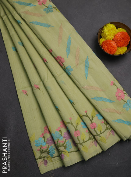 Pista Green Semi Raw Silk Saree - Embroidery Work