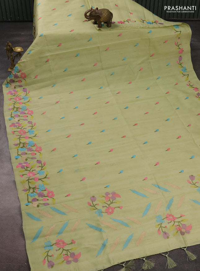 Pista Green Semi Raw Silk Saree - Embroidery Work