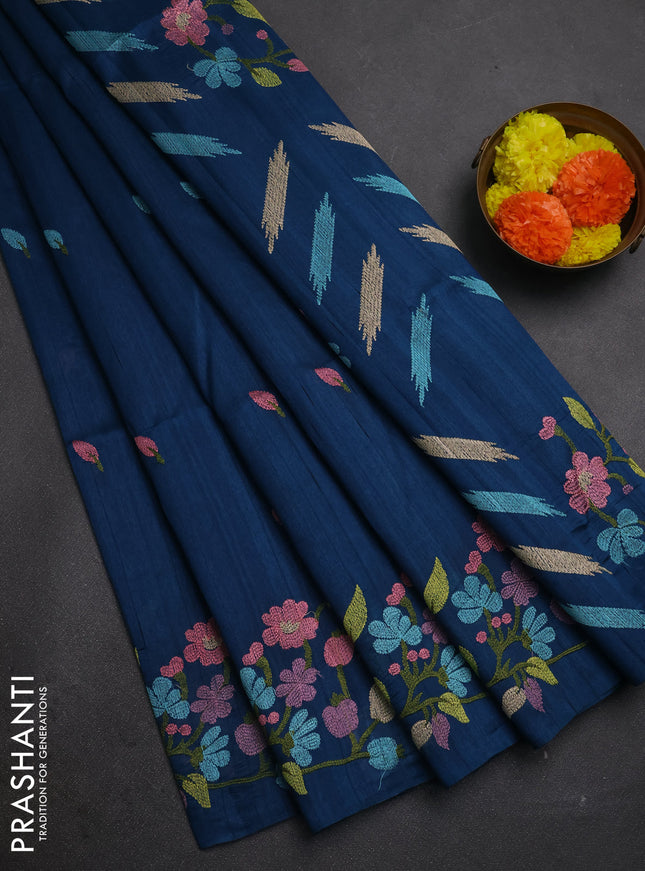 Peacock Blue Semi Raw Silk Saree - Embroidery Work