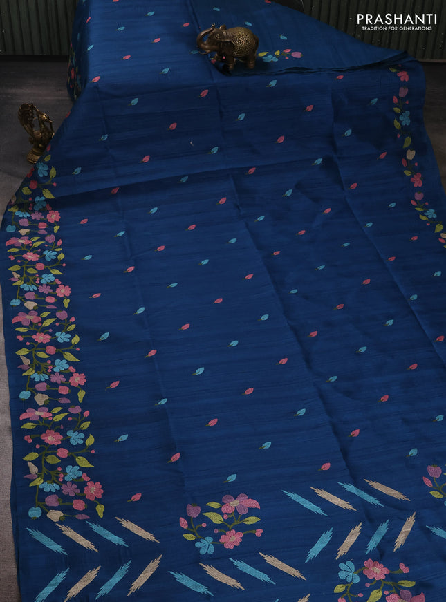 Peacock Blue Semi Raw Silk Saree - Embroidery Work