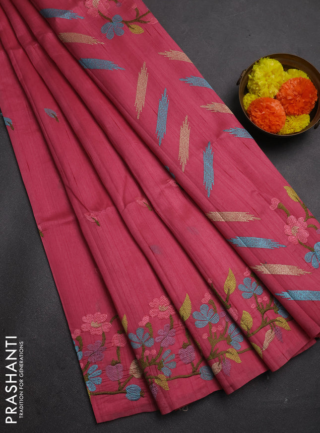 Peach Pink Semi Raw Silk Saree - Embroidery Work