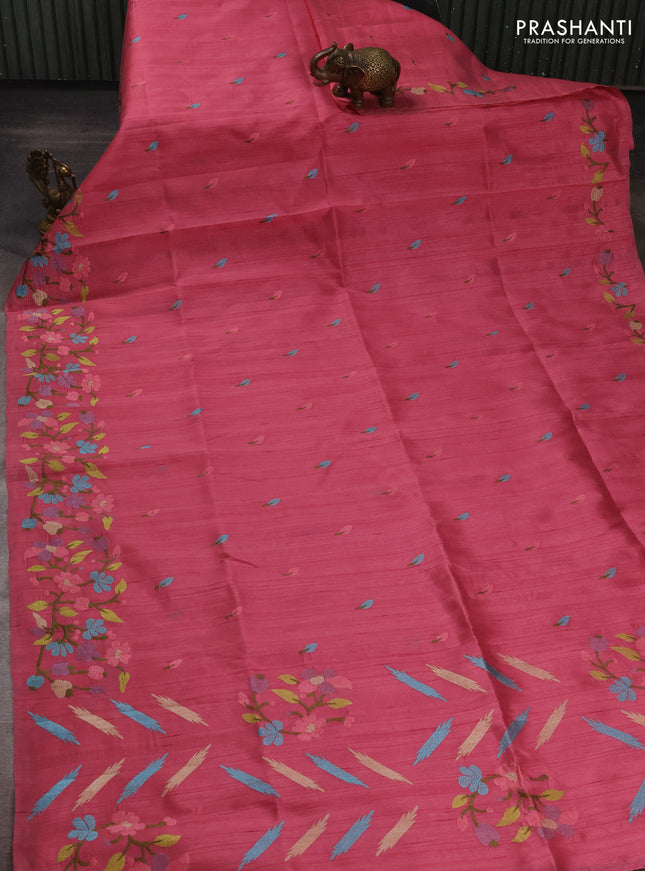 Peach Pink Semi Raw Silk Saree - Embroidery Work