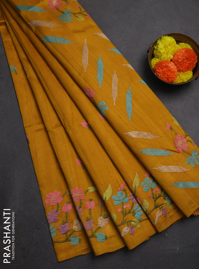Mustard Yellow Semi Raw Silk Saree - Embroidery Work