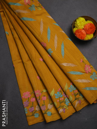 Mustard Yellow Semi Raw Silk Saree - Embroidery Work