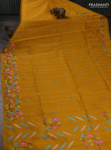 Mustard Yellow Semi Raw Silk Saree - Embroidery Work