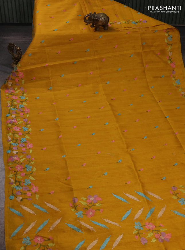 Mustard Yellow Semi Raw Silk Saree - Embroidery Work