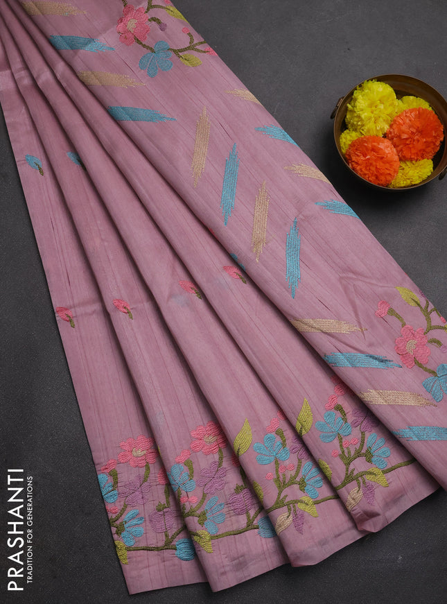 Pastel Pink Semi Raw Silk Saree - Embroidery Work