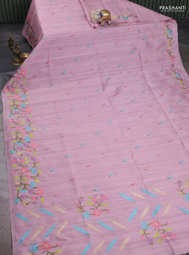 Pastel Pink Semi Raw Silk Saree - Embroidery Work