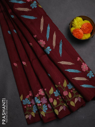 Deep Maroon Semi Raw Silk Saree - Embroidery Work