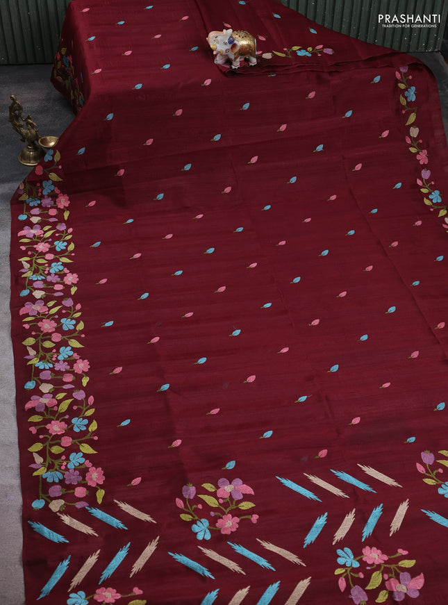 Deep Maroon Semi Raw Silk Saree - Embroidery Work