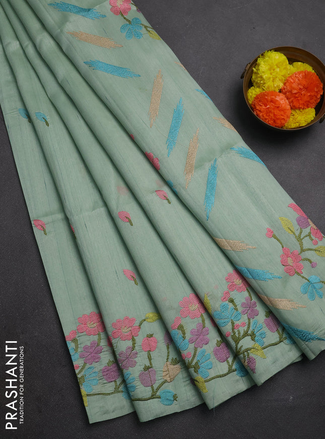 Pastel Green Semi Raw Silk Saree - Embroidery Work