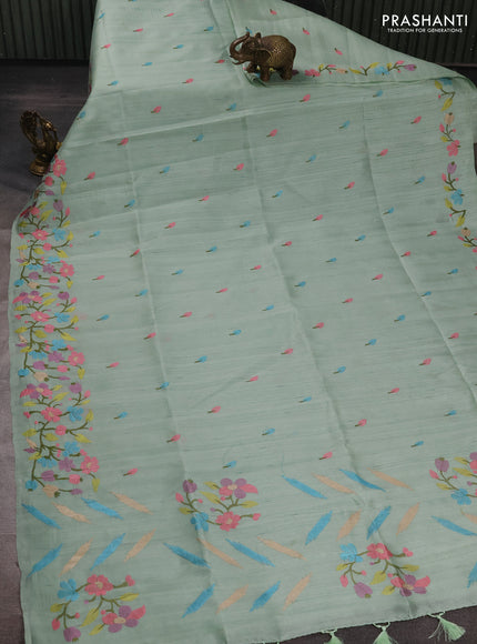 Pastel Green Semi Raw Silk Saree - Embroidery Work