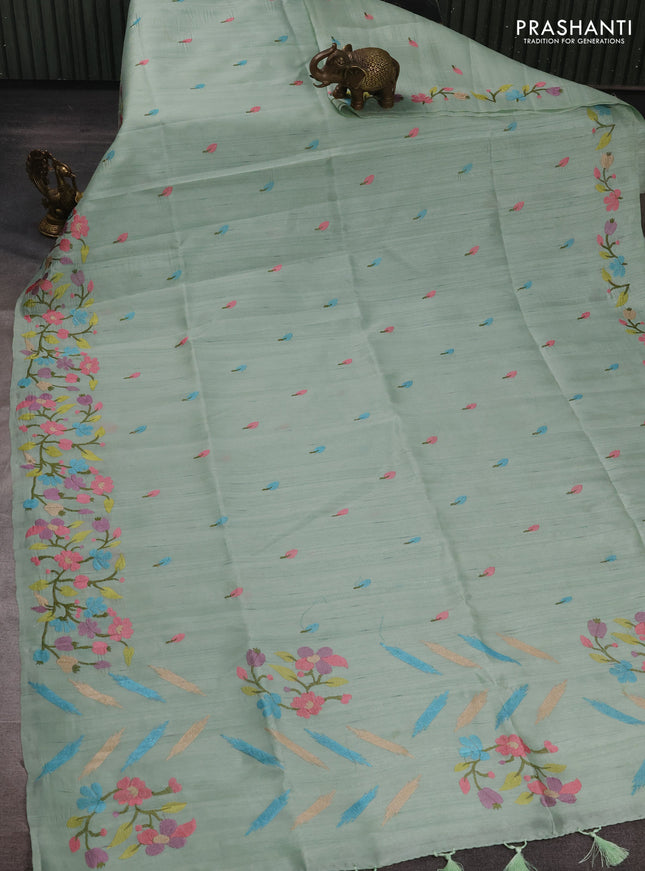 Pastel Green Semi Raw Silk Saree - Embroidery Work