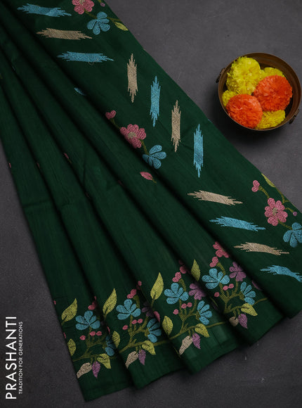 Bottle Green Semi Raw Silk Saree - Embroidery Work