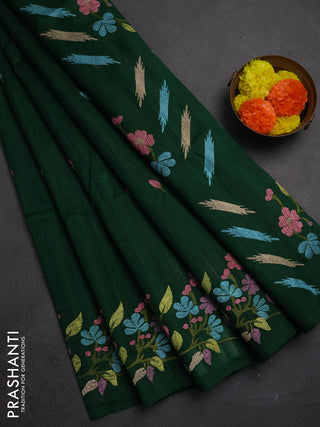 Bottle Green Semi Raw Silk Saree - Embroidery Work